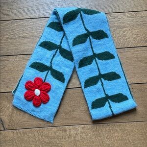 Maeve for Anthropologie Blue Scarf with Red Flower and Green Leaf Design